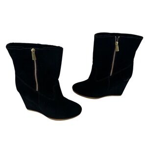 Coach Danee‎ Black Suede Faux Fur Lined Wedge Boots Q1664 Womens 8.5B Coquette